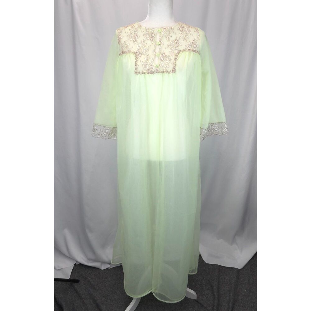 VTG Deena Green Sheer Nylon Lace‎ Chemise SM Button Front Romantic Lingerie READ